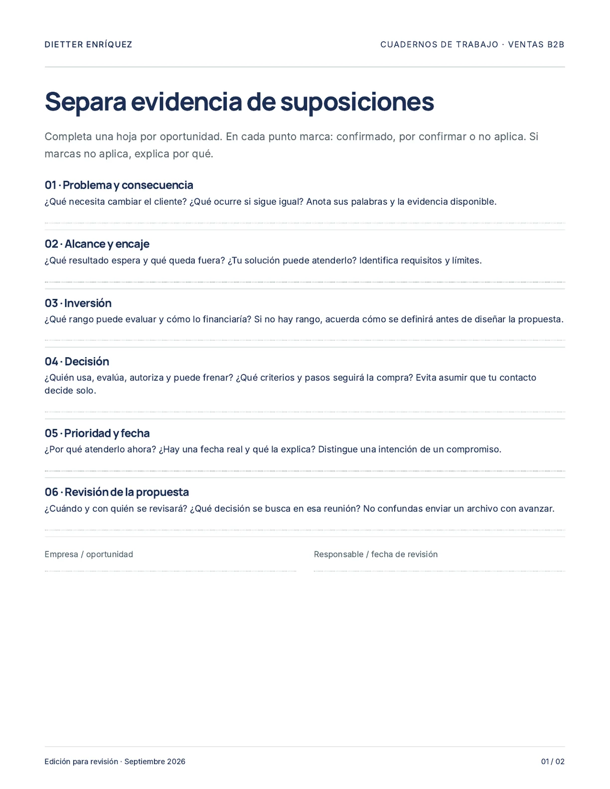 Vista de la checklist Antes de cotizar